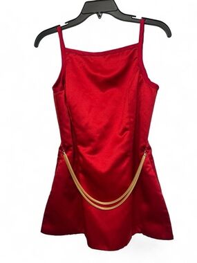 Red Satin Spaghetti Strap Top with Gold Chain Accent